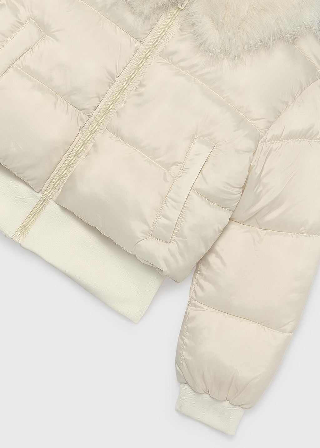 Mayoral 7440 tween girl natural white cropped puffer jacket with faux fur collar - detail
