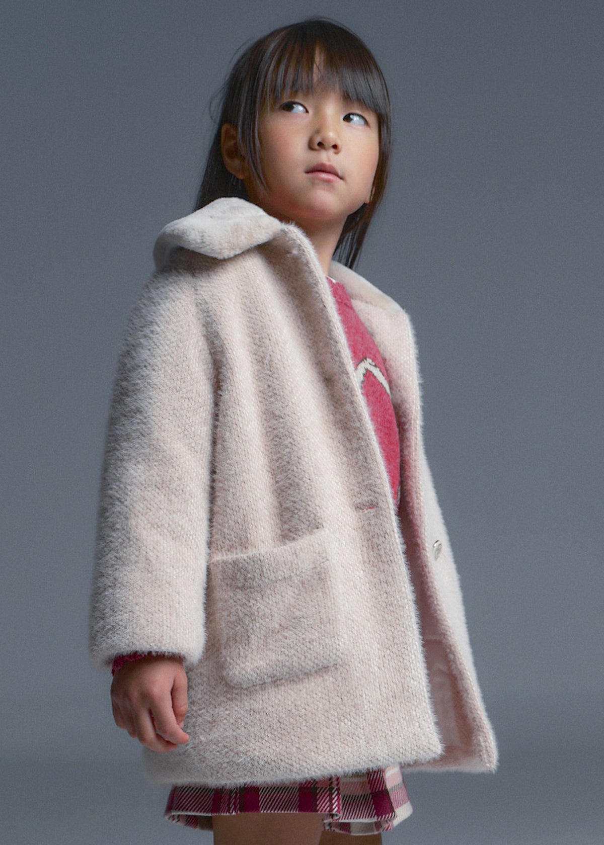 Mayoral 4412 mini girl cream knit coat with faux fur collar - on model