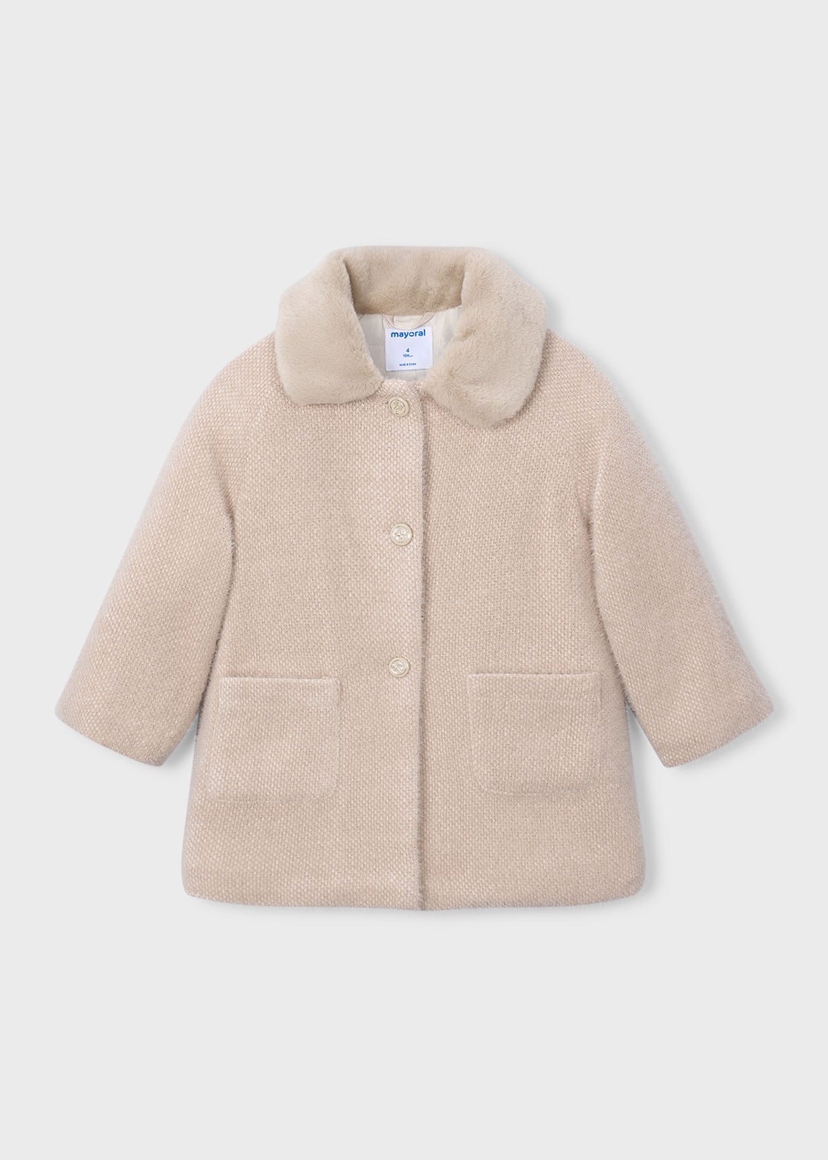 Mayoral 4412 mini girl cream knit coat with faux fur collar - front
