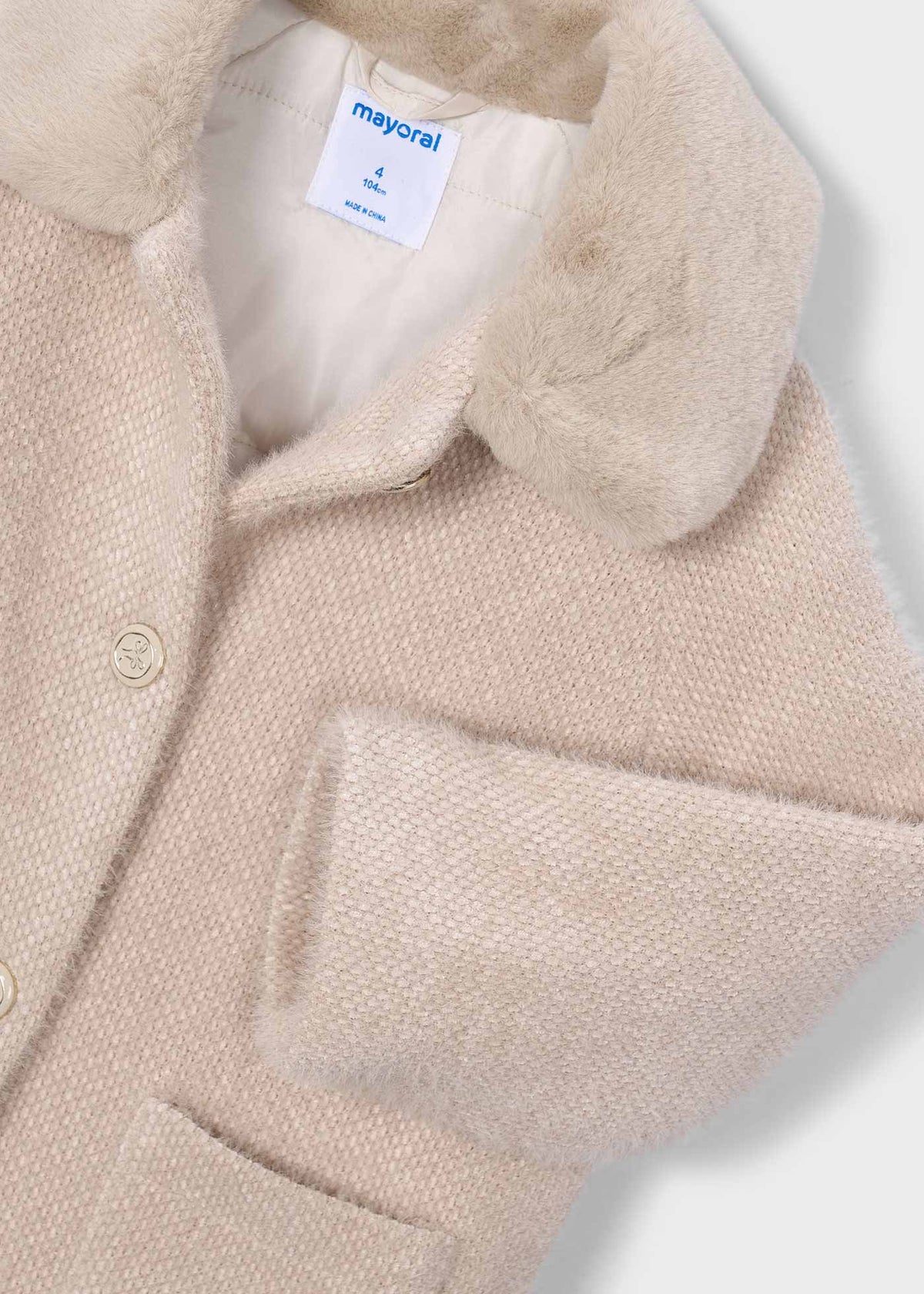 Mayoral 4412 mini girl cream knit coat with faux fur collar - detail
