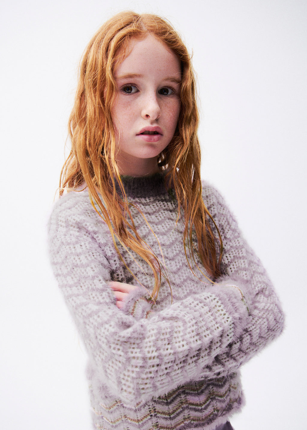 Mayoral 7334 tween girl lavender fuzzy geometric jacquard knit sweater - on model