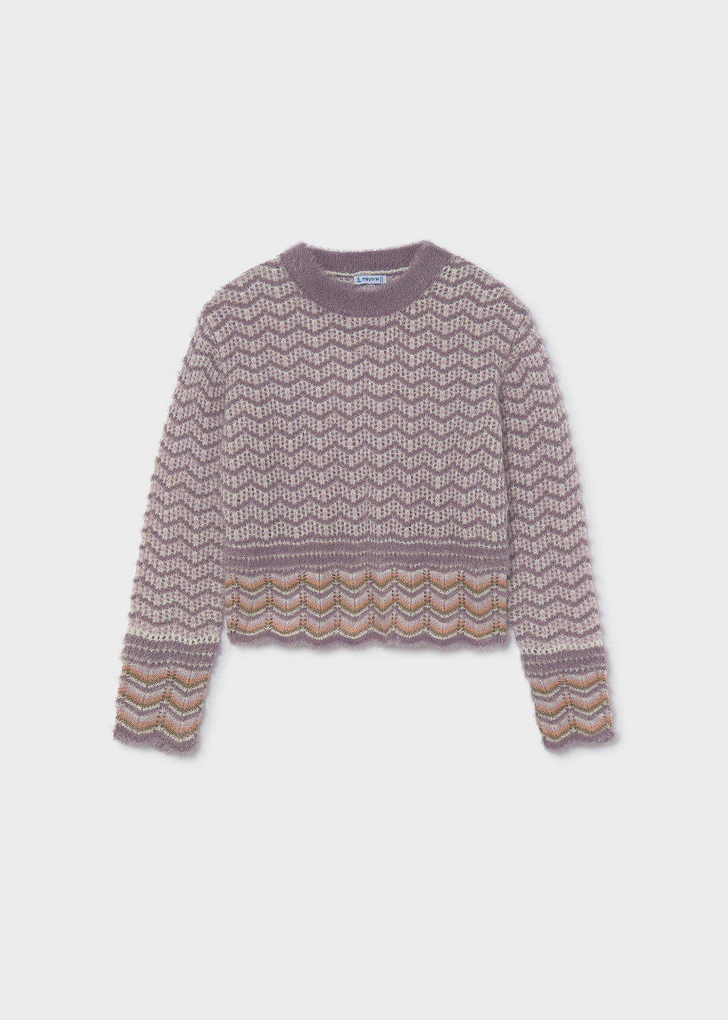 Mayoral 7334 tween girl lavender fuzzy geometric jacquard knit sweater - front