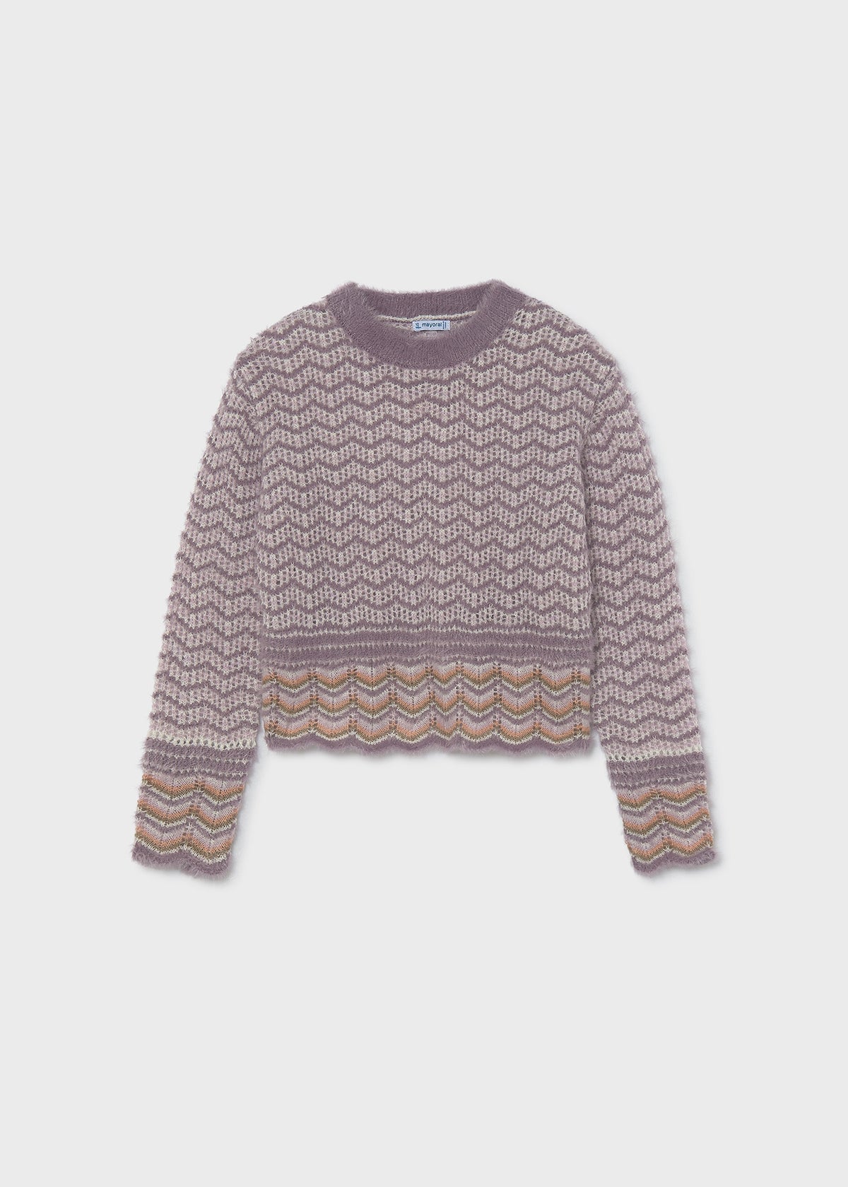 Mayoral 7334 tween girl lavender fuzzy geometric jacquard knit sweater - front
