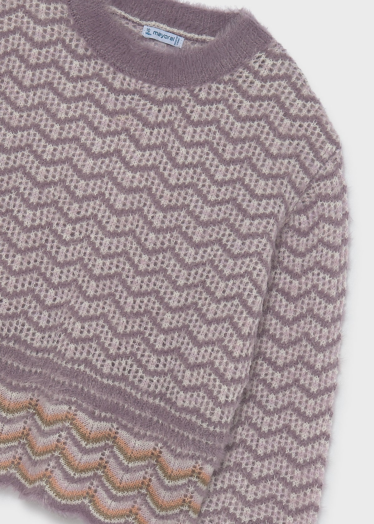 Mayoral 7334 tween girl lavender fuzzy geometric jacquard knit sweater - detail