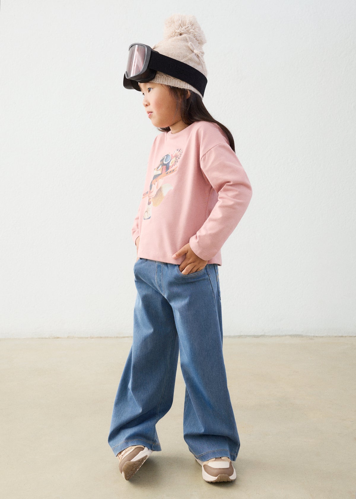 Mayoral 4501 mini girl light denim wide leg pull-on denim pants - on model