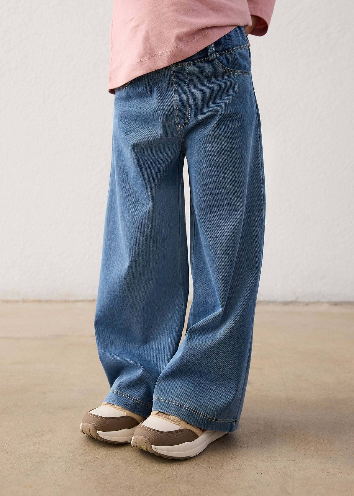 Mayoral 4501 mini girl light denim wide leg pull-on denim pants - on model side