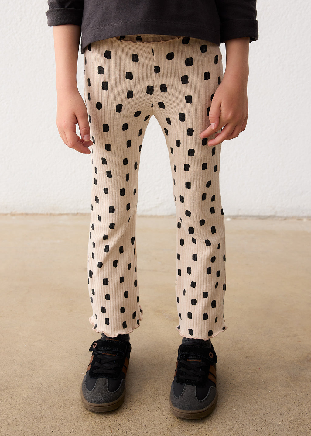 Mayoral 4728 mini girl beige dot print rib knit flare leggings - on model detail