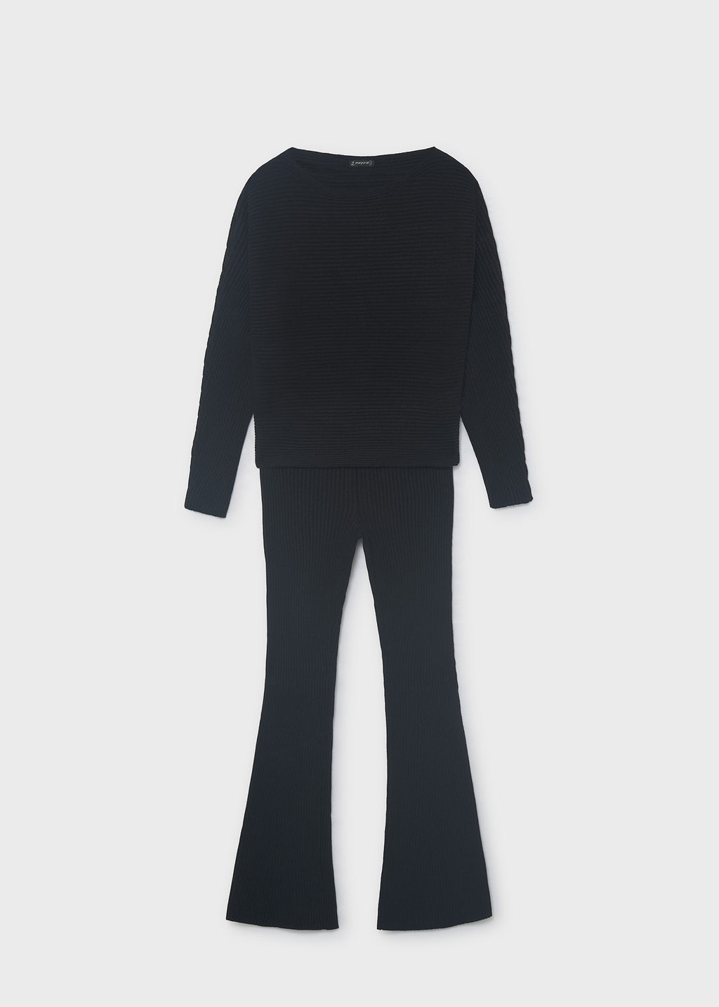 Mayoral 7530 tween girl black 2pc ribbed knit sweater and flared pant set - front