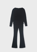 Mayoral 7530 tween girl black 2pc ribbed knit sweater and flared pant set - front