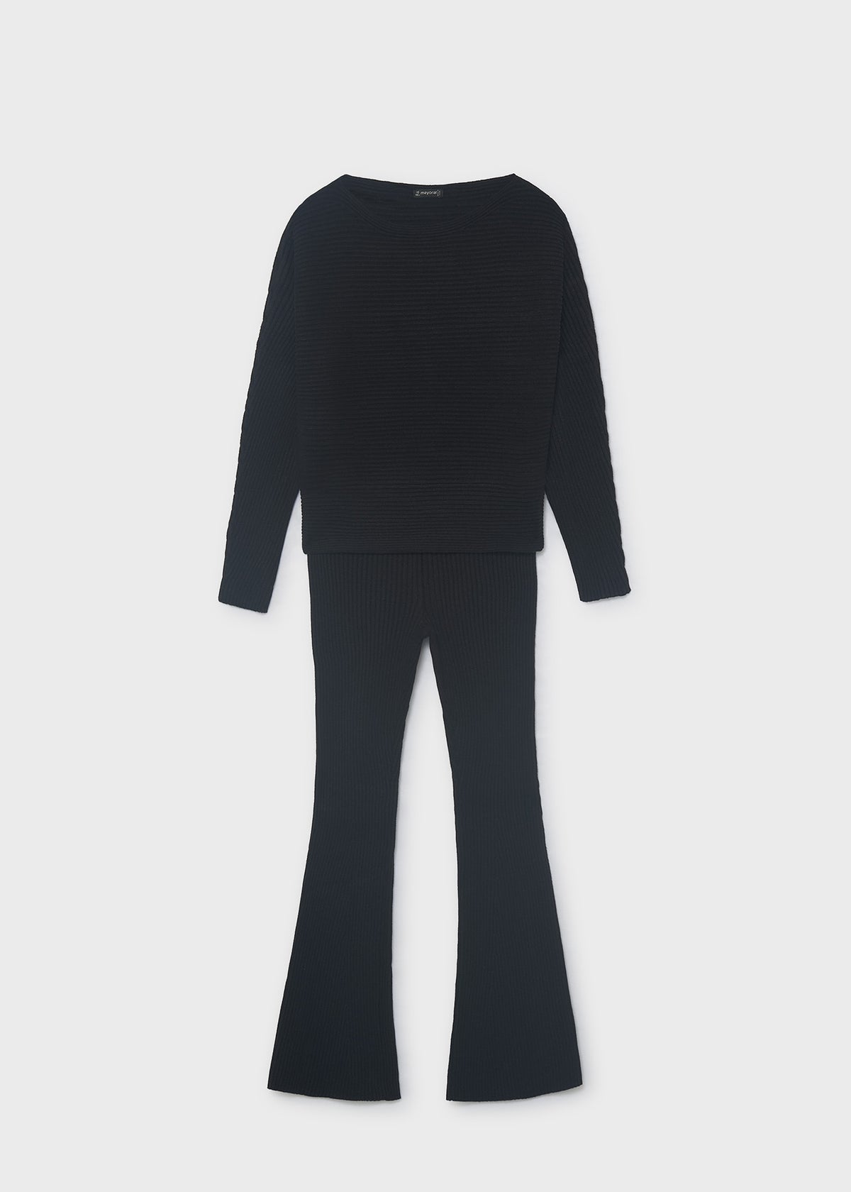 Mayoral 7530 tween girl black 2pc ribbed knit sweater and flared pant set - front
