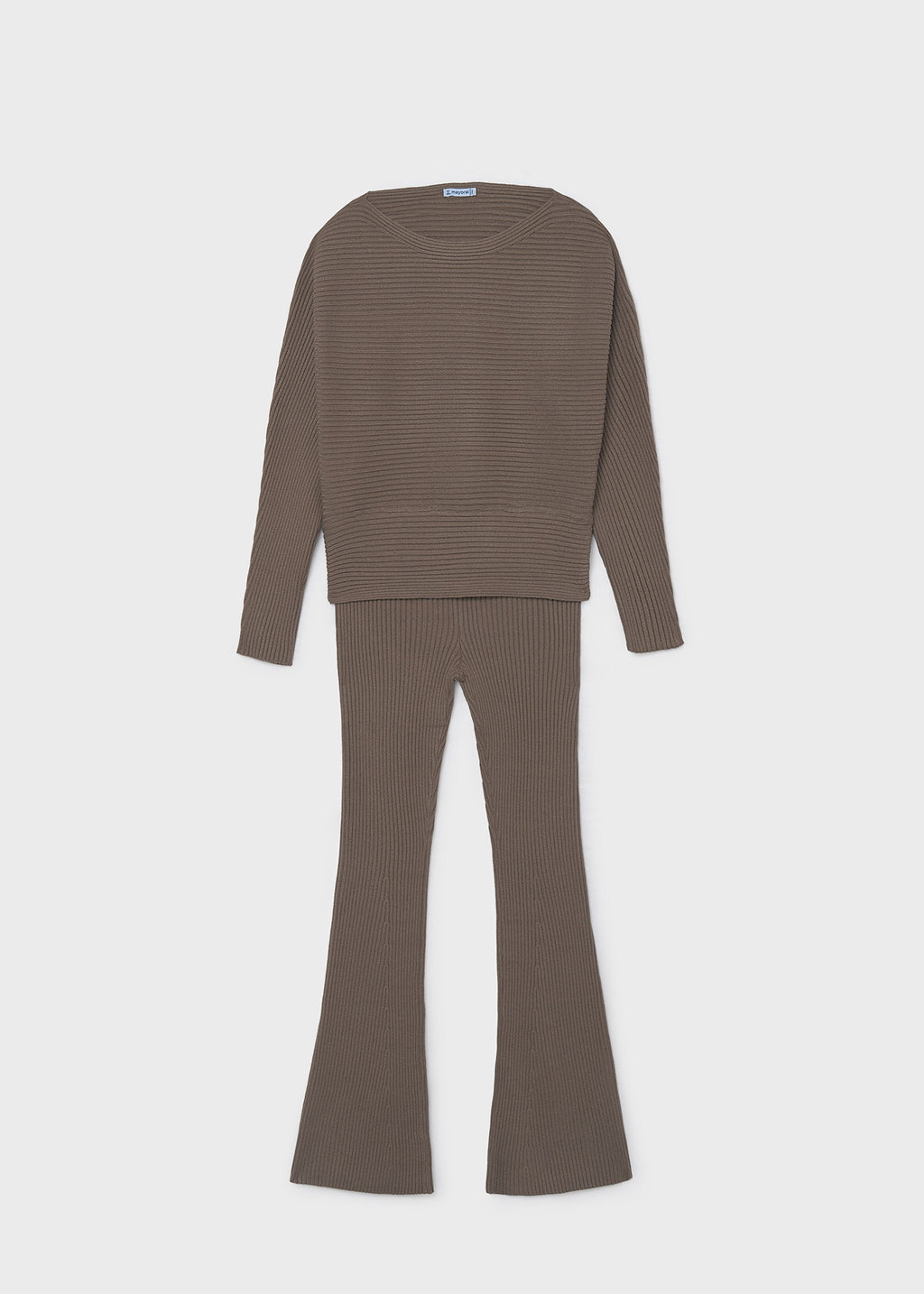 Mayoral 7530 tween girl chocolate brown 2pc ribbed knit sweater and flared pant set - front