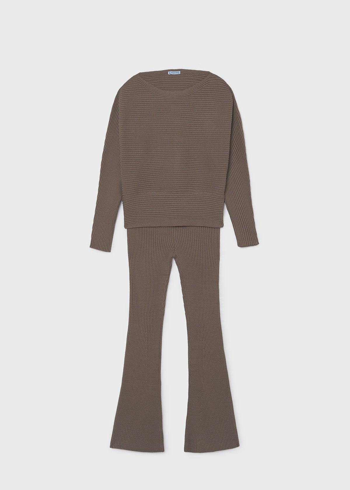 Mayoral 7530 tween girl chocolate brown 2pc ribbed knit sweater and flared pant set - front