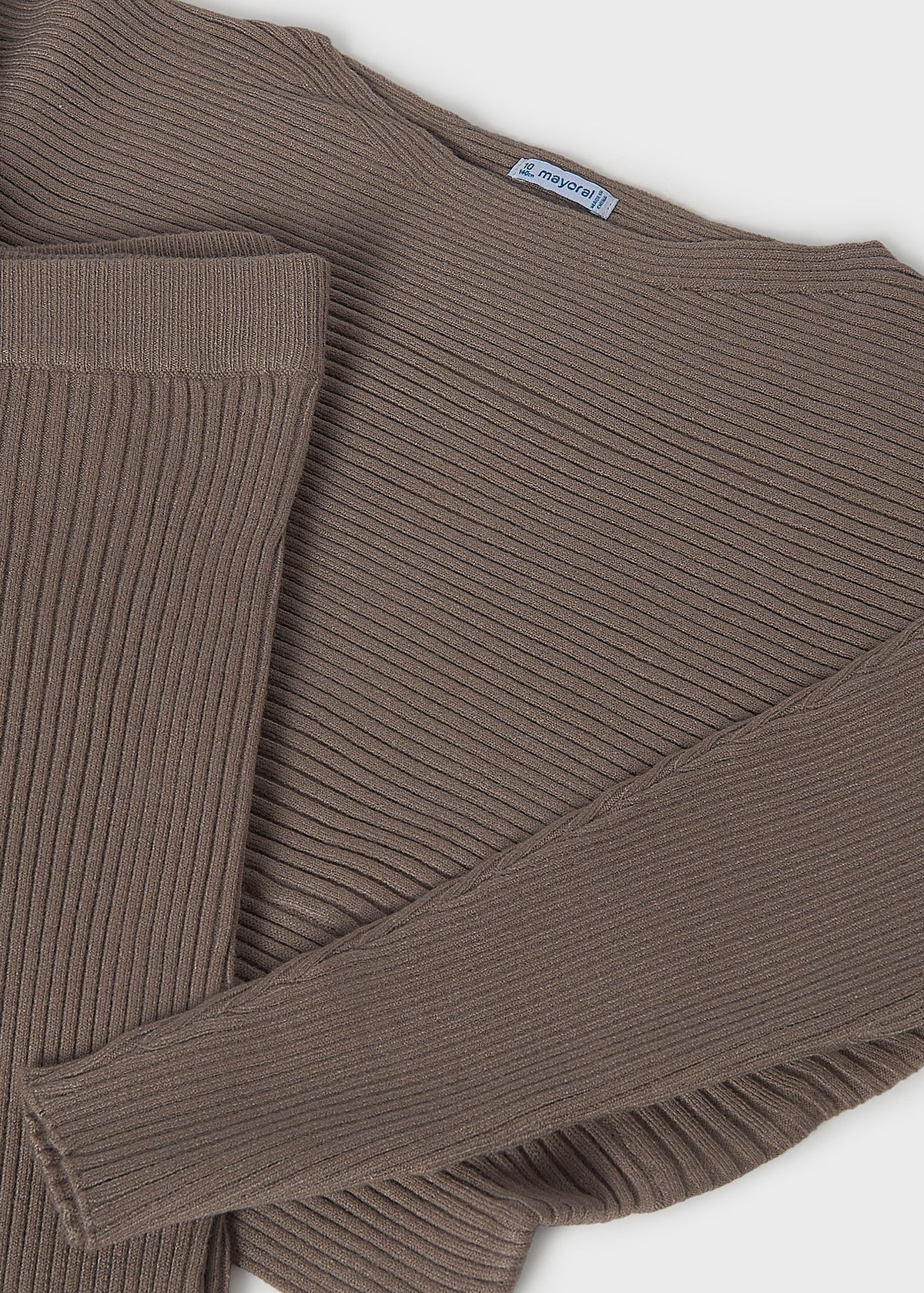 Mayoral 7530 tween girl chocolate brown 2pc ribbed knit sweater and flared pant set - detail