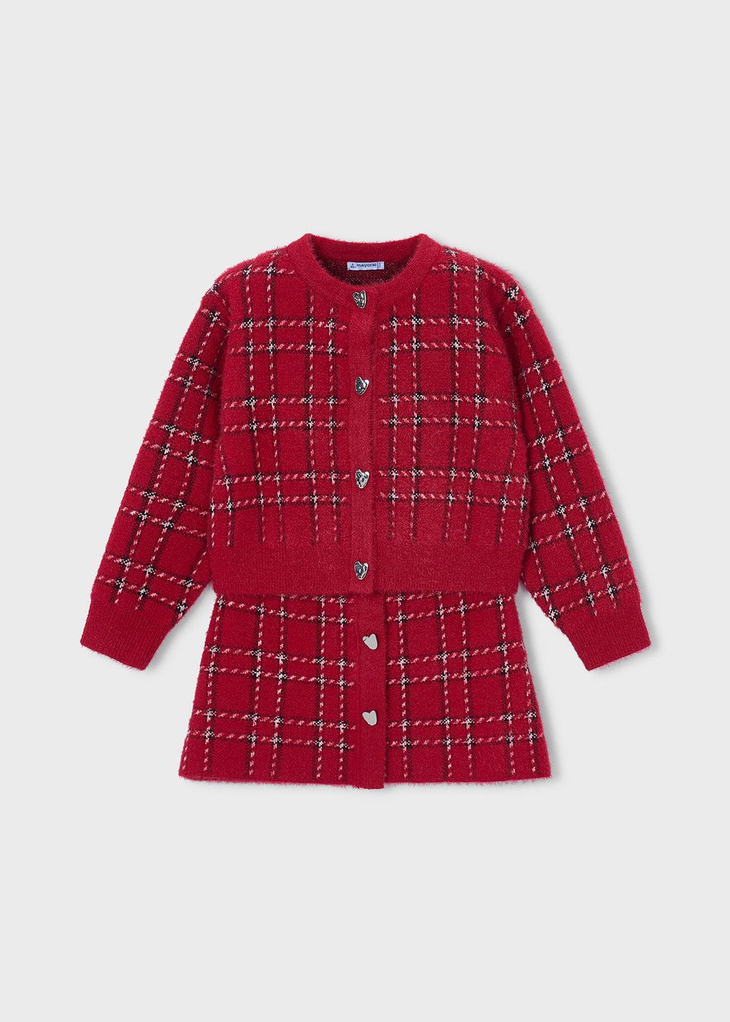 Mayoral 4935 mini girl red plaid heart button 2pc knit cardigan and skirt set - front