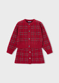 Mayoral 4935 mini girl red plaid heart button 2pc knit cardigan and skirt set - front