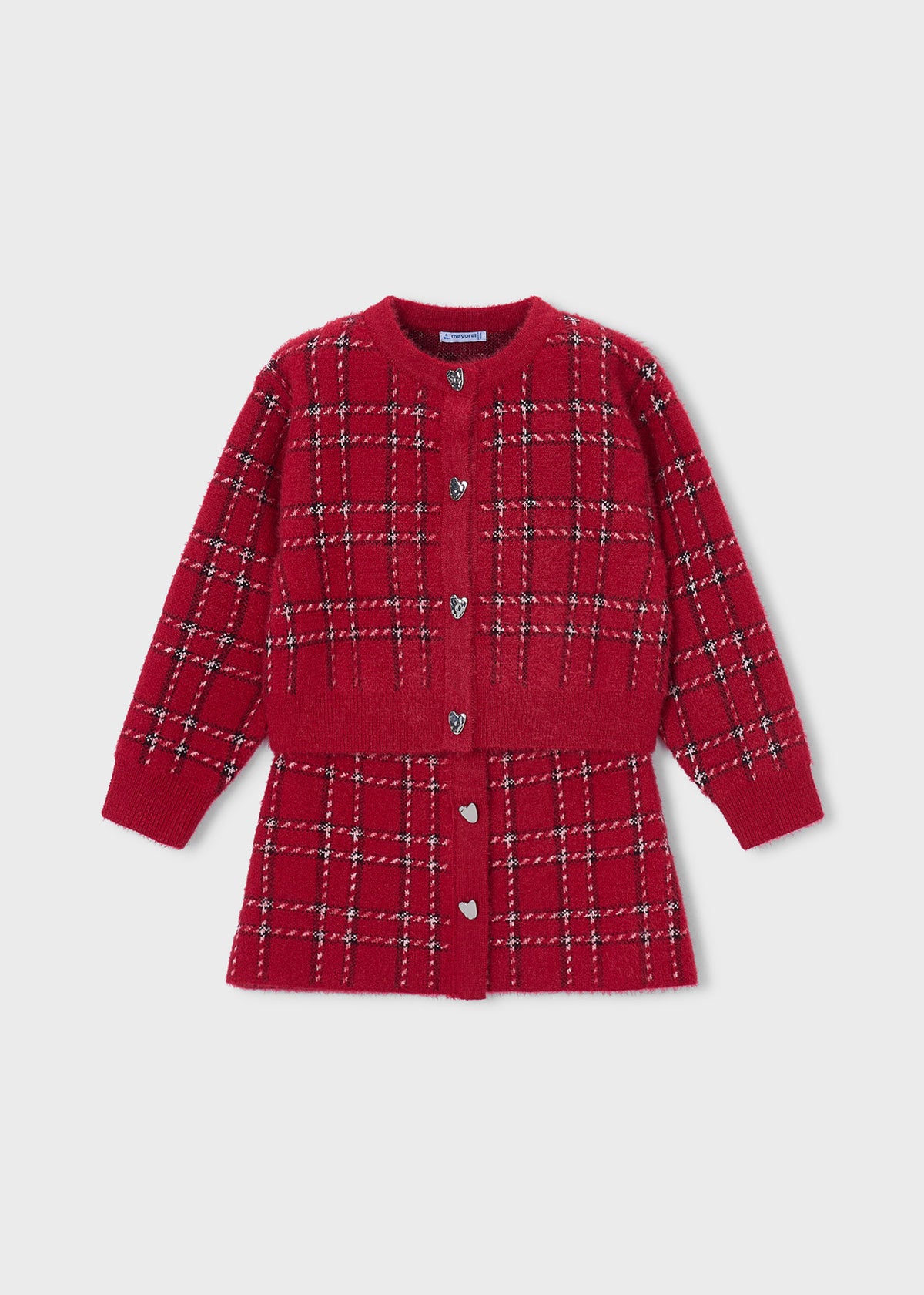 Mayoral 4935 mini girl red plaid heart button 2pc knit cardigan and skirt set - front