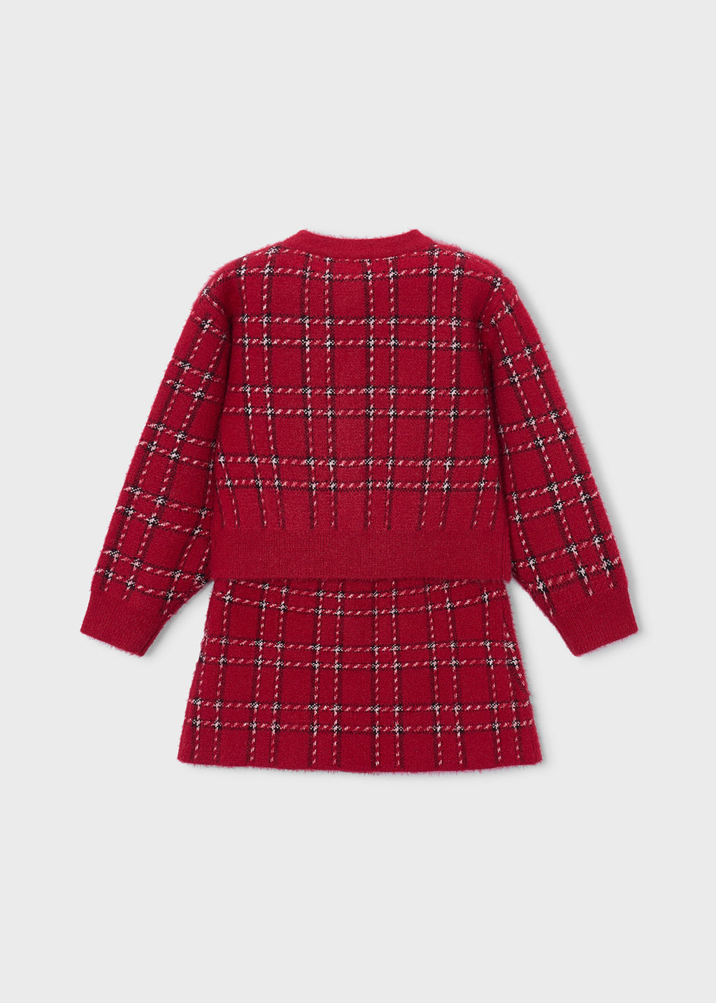 Mayoral 4935 mini girl red plaid heart button 2pc knit cardigan and skirt set - back