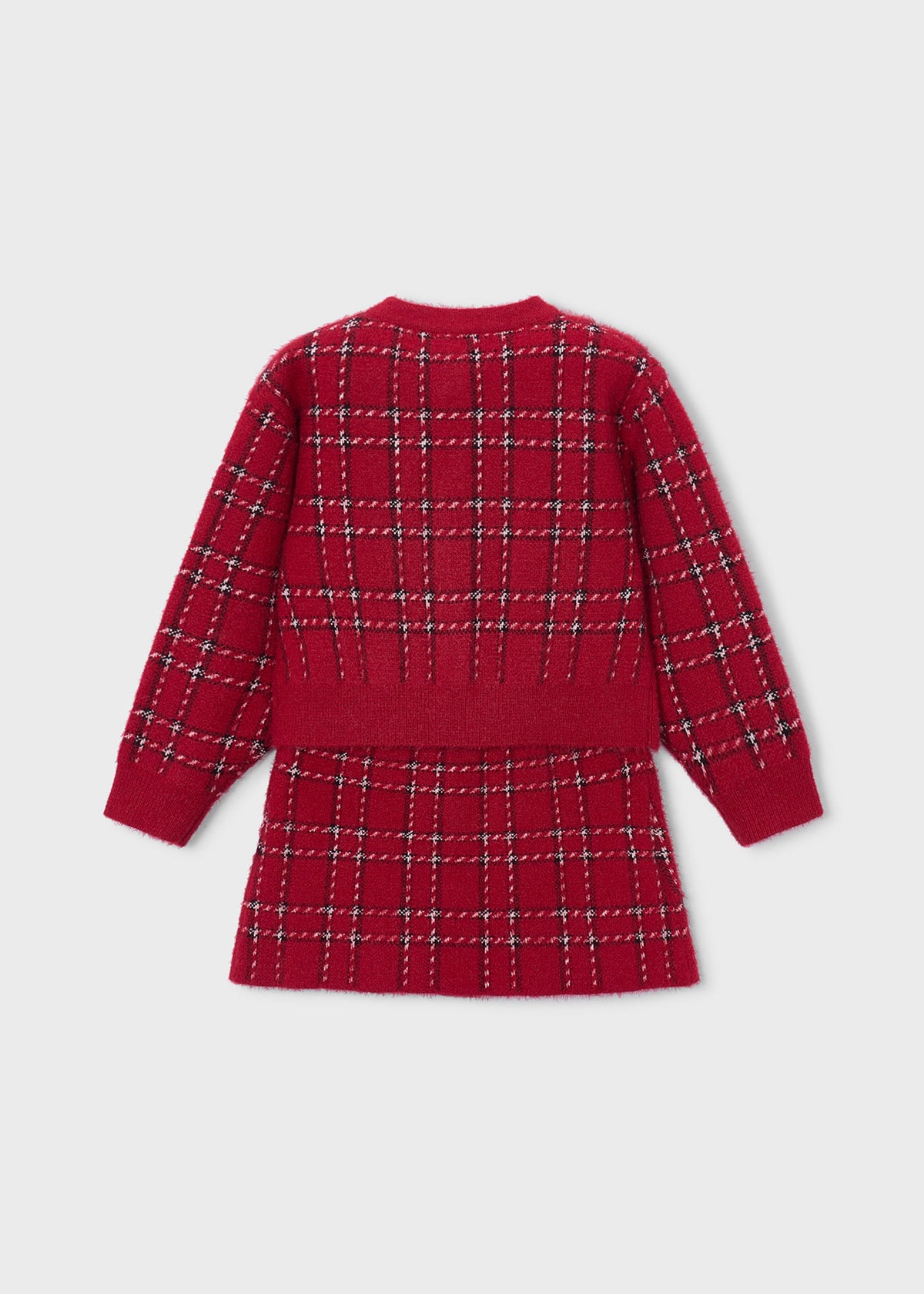 Mayoral 4935 mini girl red plaid heart button 2pc knit cardigan and skirt set - back