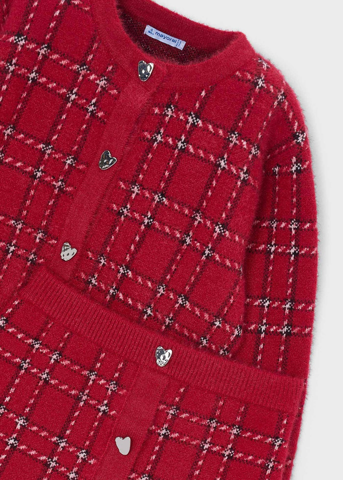 Mayoral 4935 mini girl red plaid heart button 2pc knit cardigan and skirt set - detail