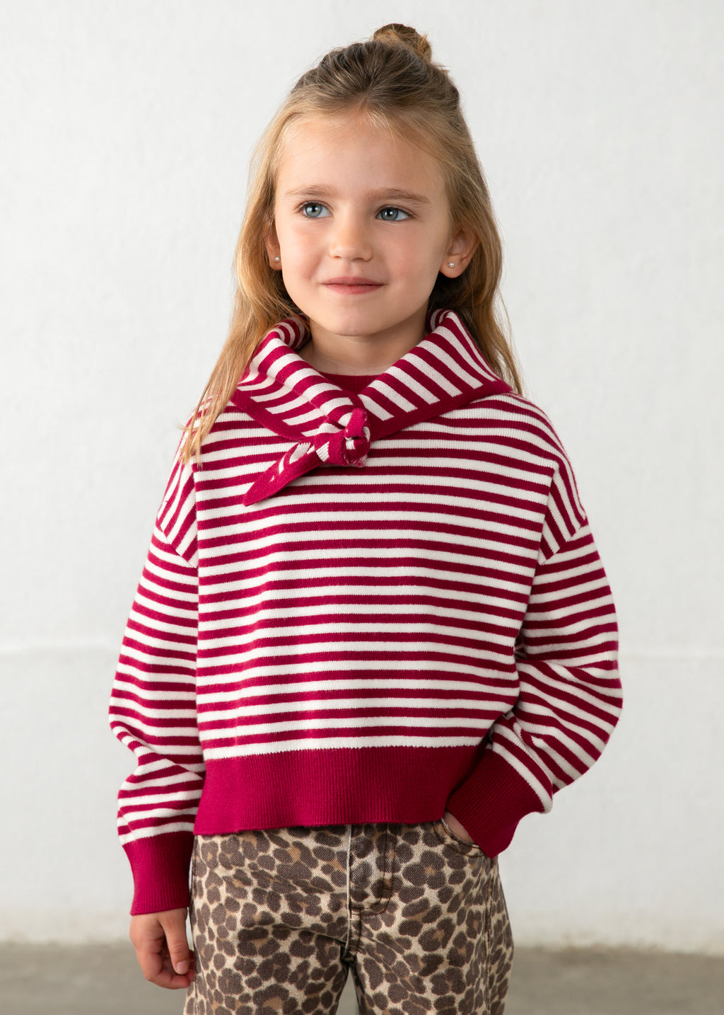 Mayoral 4316 mini girl red and white striped knit sweater with matching scarf - on model