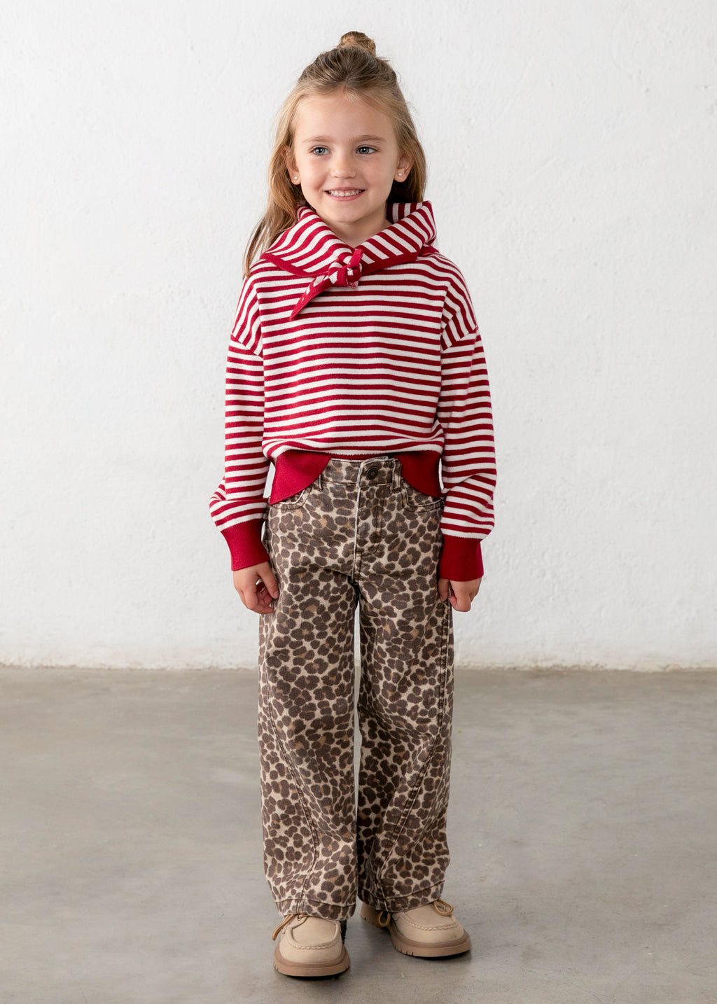 Mayoral 4316 mini girl red and white striped knit sweater with matching scarf - on model full