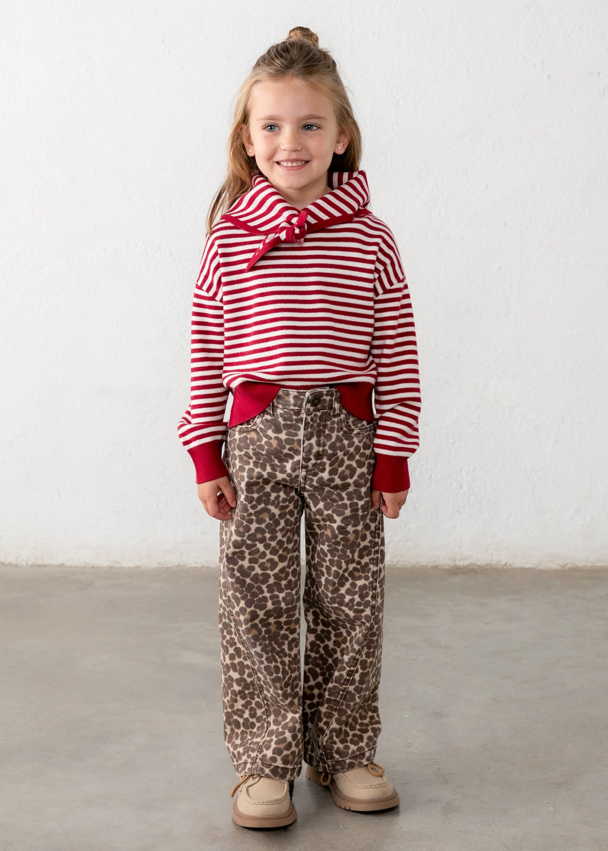 Mayoral 4316 mini girl red and white striped knit sweater with matching scarf - on model full