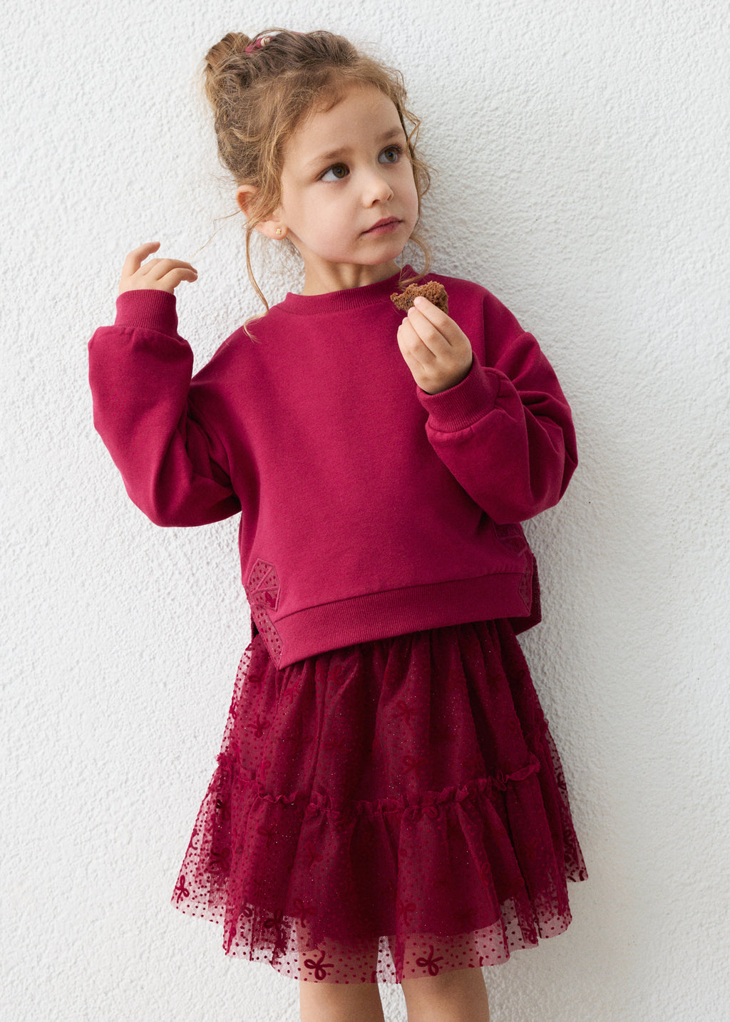 Mayoral 4934 mini girl raspberry 2pc sparkle tulle bow sweatshirt and skirt set - on model