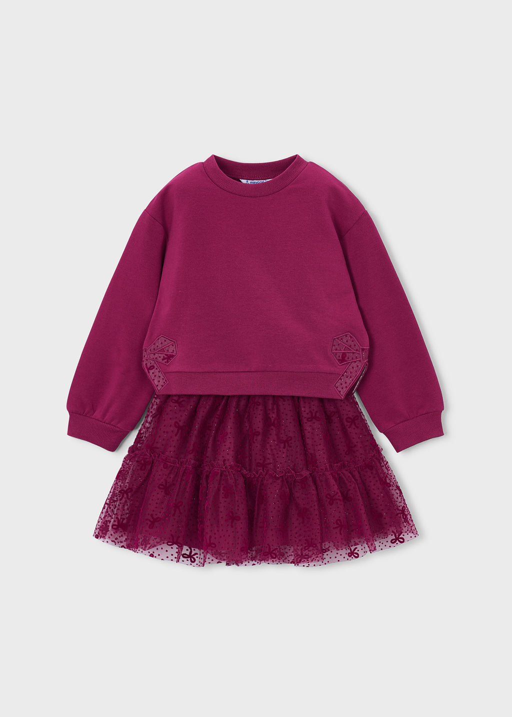 Mayoral 4934 mini girl raspberry 2pc sparkle tulle bow sweatshirt and skirt set - front