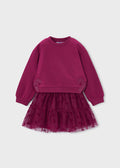 Mayoral 4934 mini girl raspberry 2pc sparkle tulle bow sweatshirt and skirt set - front