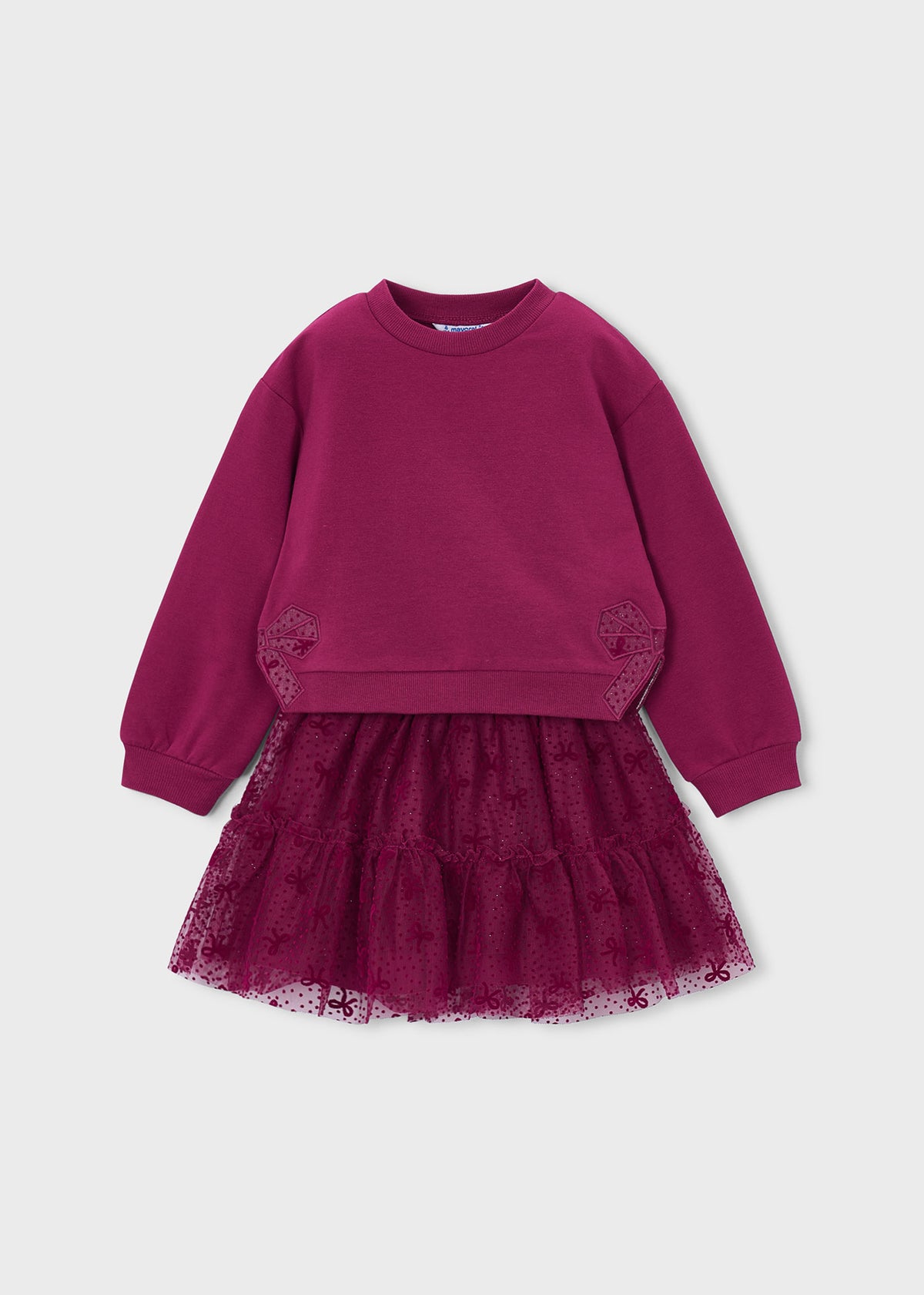 Mayoral 4934 mini girl raspberry 2pc sparkle tulle bow sweatshirt and skirt set - front