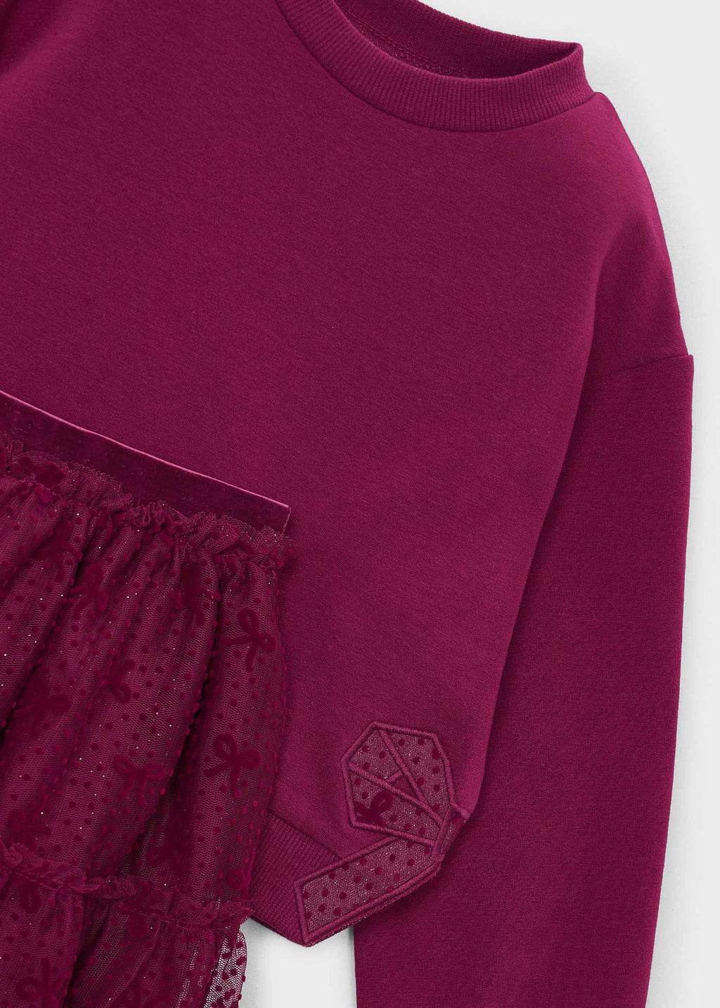 Mayoral 4934 mini girl raspberry 2pc sparkle tulle bow sweatshirt and skirt set - detail