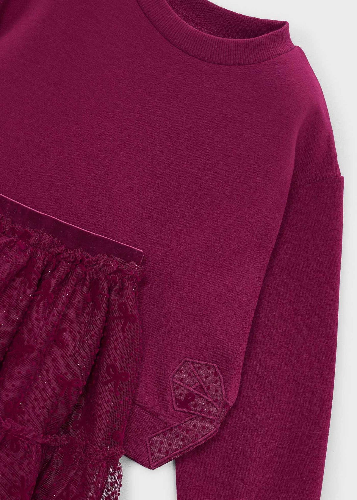 Mayoral 4934 mini girl raspberry 2pc sparkle tulle bow sweatshirt and skirt set - detail