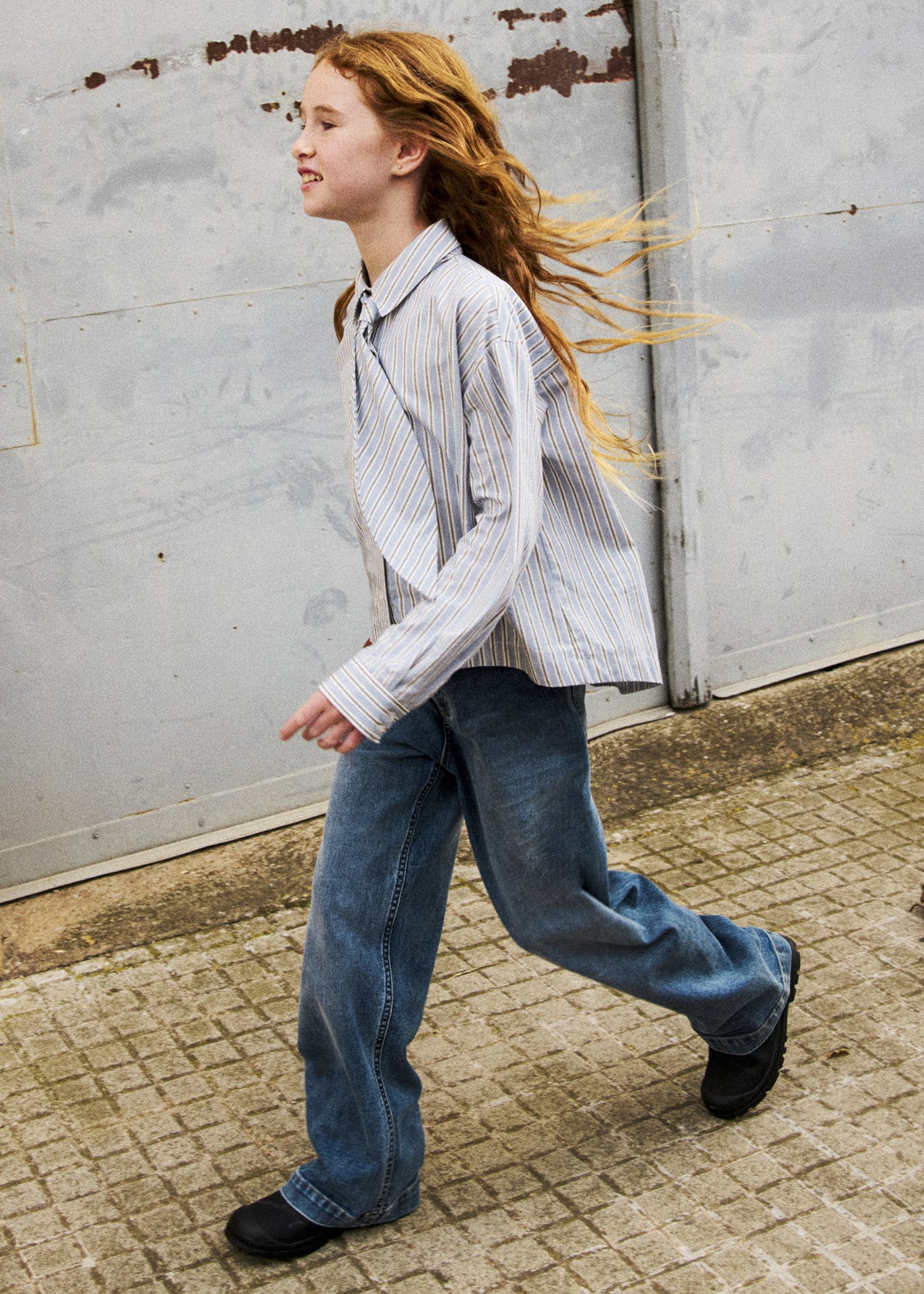 Mayoral 7503 tween girl medium wash wide leg denim pants - on model