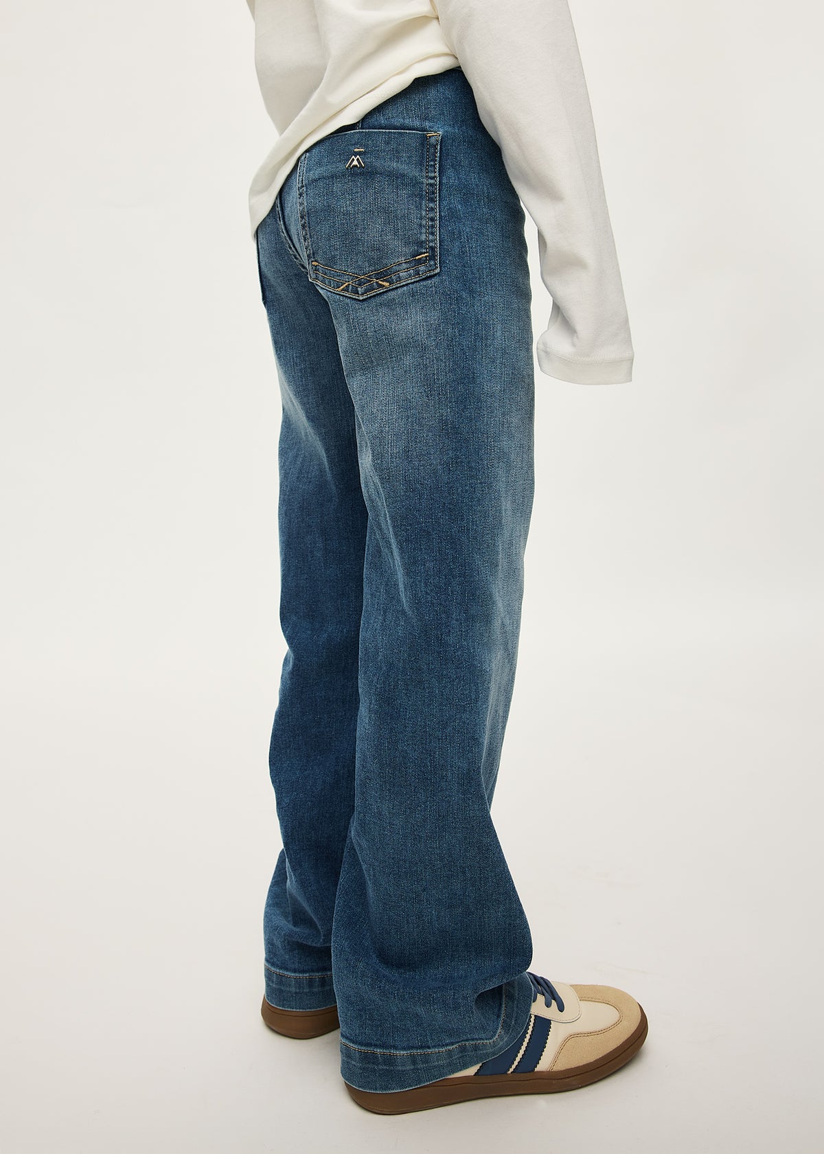 Mayoral 7503 tween girl medium wash wide leg denim pants - on model side
