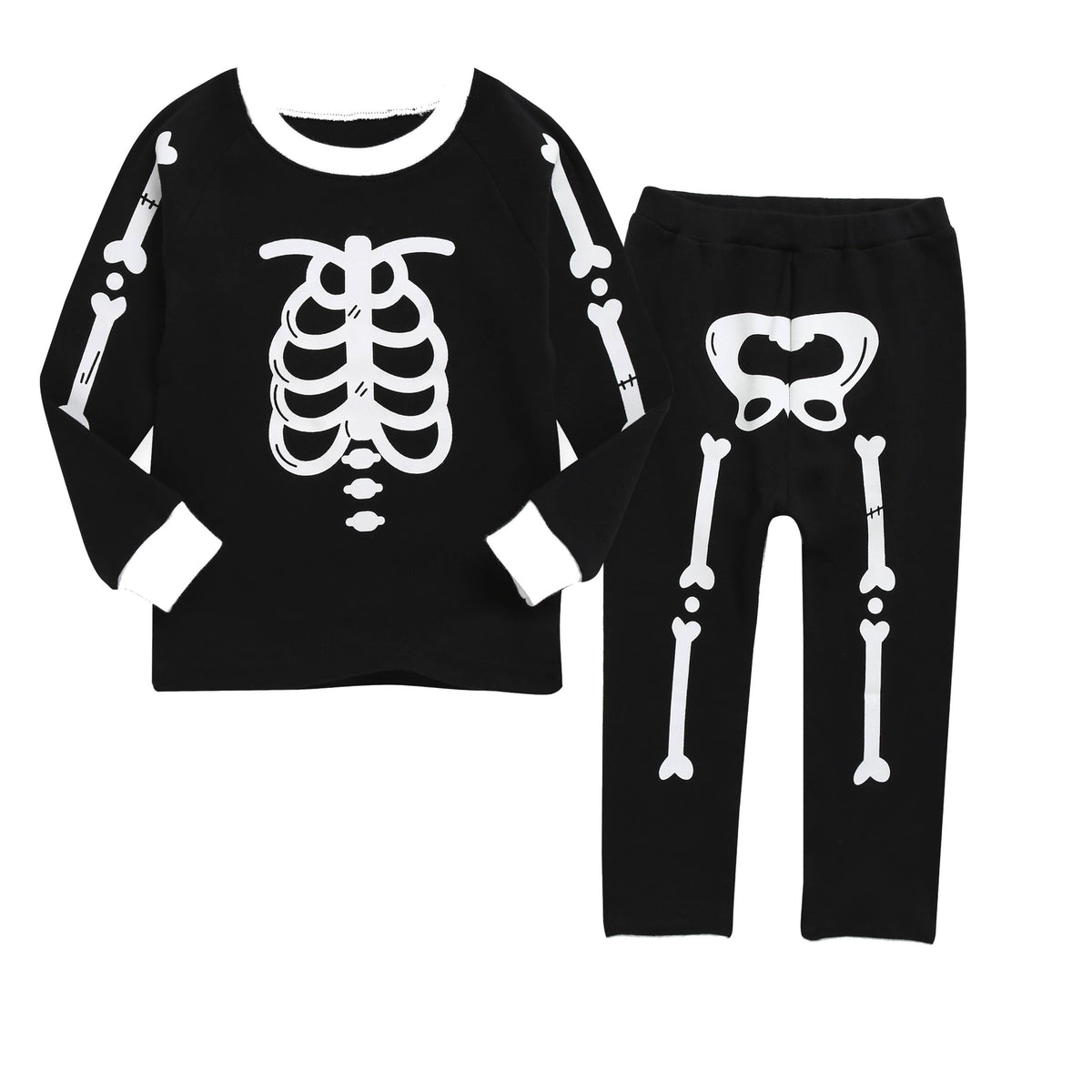 Glow in the dark skeleton pajama set, black top and pants, set front view