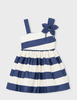 3924 Mini Girls Asymmetric Navy Striped and Flower Dress - Porcelain