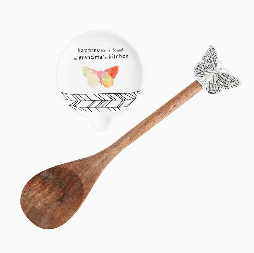 Grandma's Kitchen butterfly wooden spoon and spoon rest set, set angle view