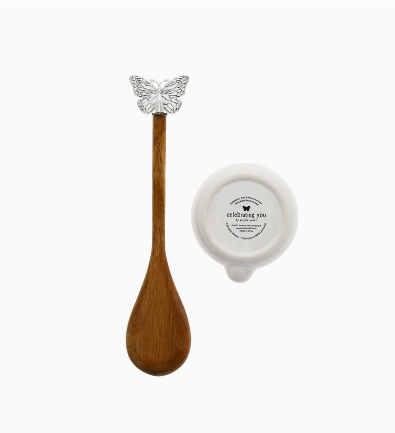 Grandma's Kitchen butterfly wooden spoon and spoon rest set, spoon and rest