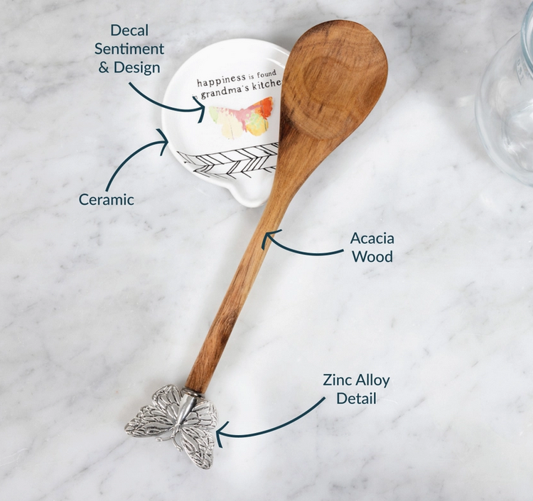 Grandma's Kitchen butterfly wooden spoon and spoon rest set, features