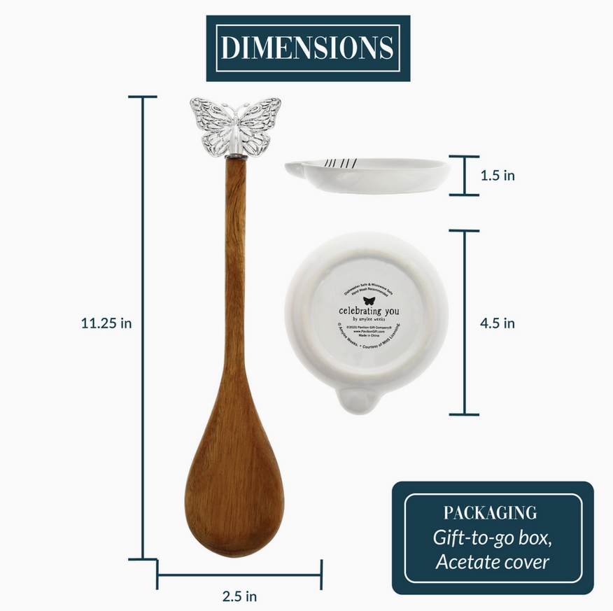 Grandma's Kitchen butterfly wooden spoon and spoon rest set, dimensions