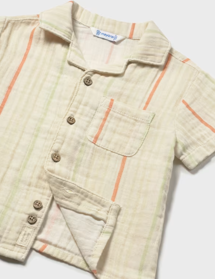1113 Toddler Boy Eco-Cotton S/S Button Up Shirt - Natural Stripes
