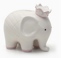 Hand painted pink ceramic elephant money bank, front view