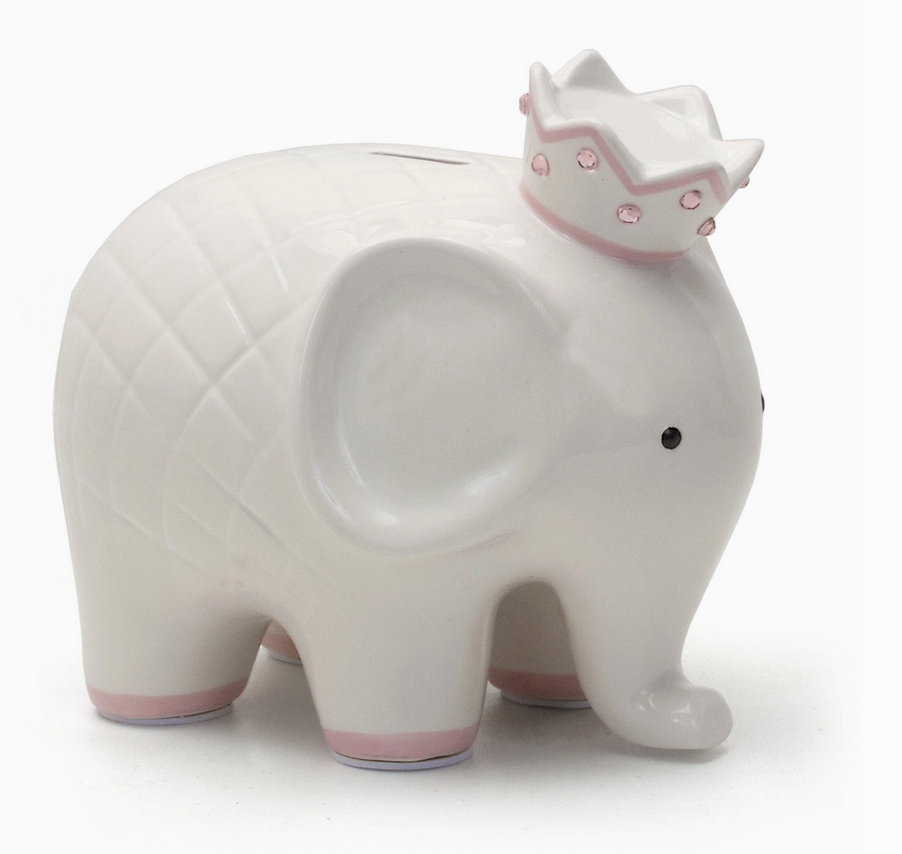 Hand painted pink ceramic elephant money bank, front view