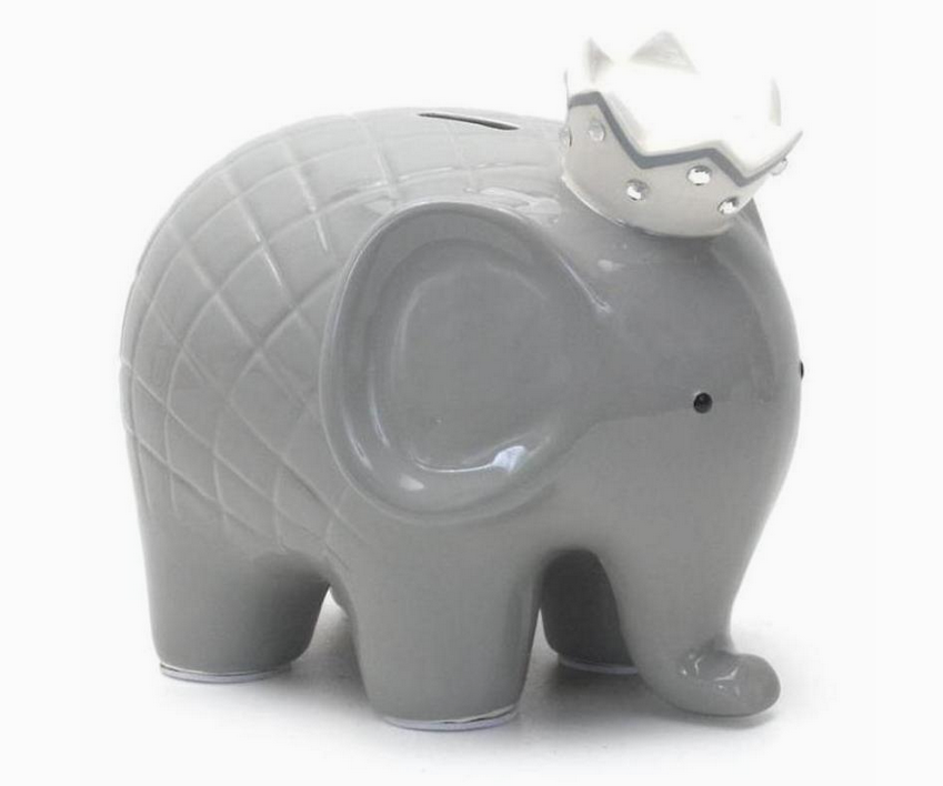 Hand painted grey ceramic elephant money bank, front view