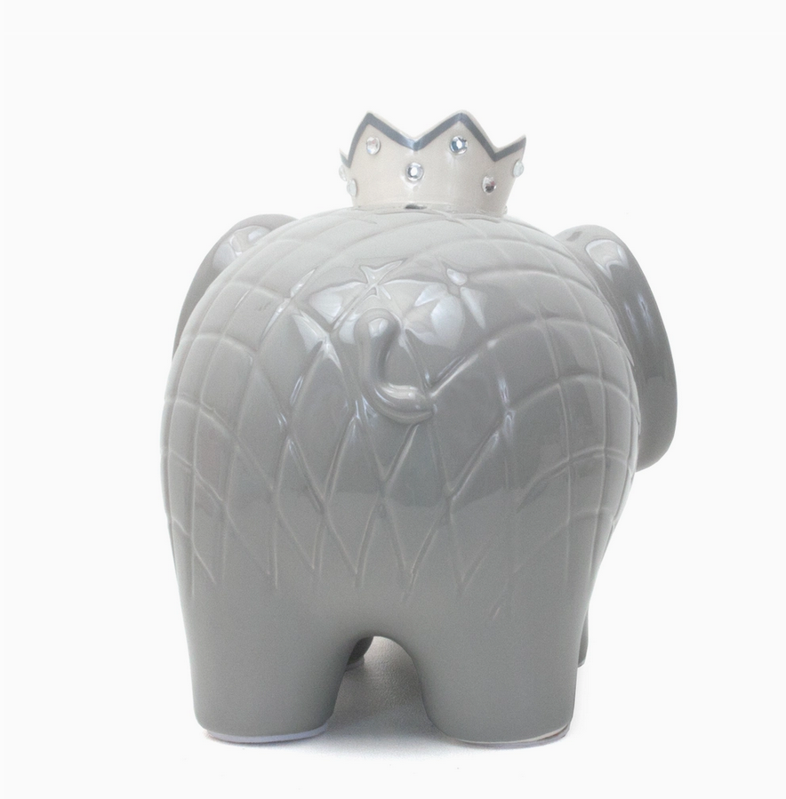 Hand painted grey ceramic elephant money bank, side view