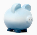 Hand painted blue ombre ceramic piggy bank, front view