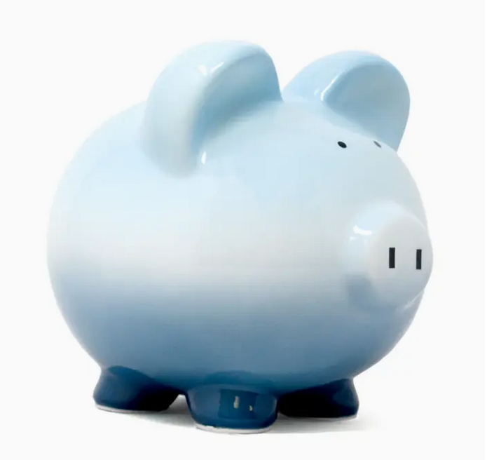 Hand painted blue ombre ceramic piggy bank, front view
