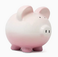Hand painted ombre pink ceramic piggy bank, front view