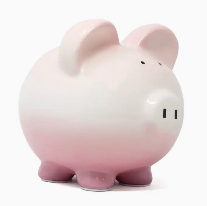 Hand painted ombre pink ceramic piggy bank, front view