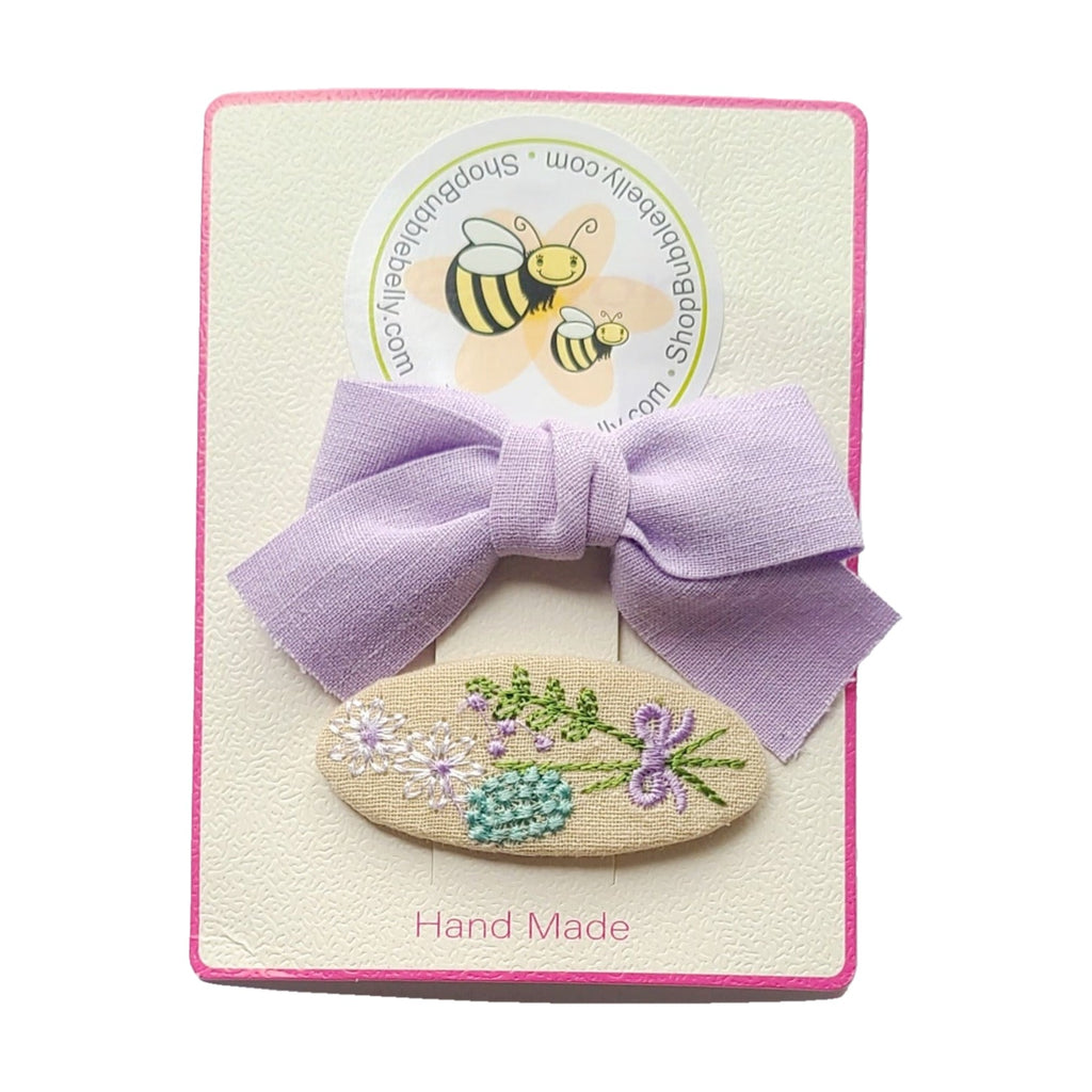 Handmade linen bow and floral snap clip set, lavender, clip set on card